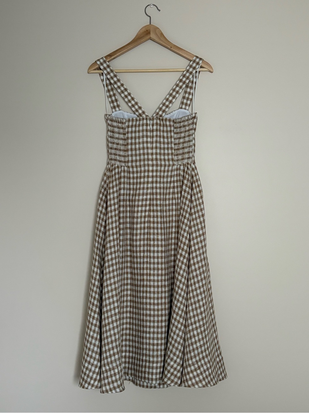NEW Reformation Roma Midi Linen Dress Dunes Check Gingham Tan White | US 0 UK 4 - Picture 7 of 15